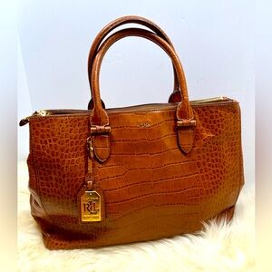Lauren Ralph Lauren Lanesborough Bourbon Leather Genuine Croc Embossed  Satchel